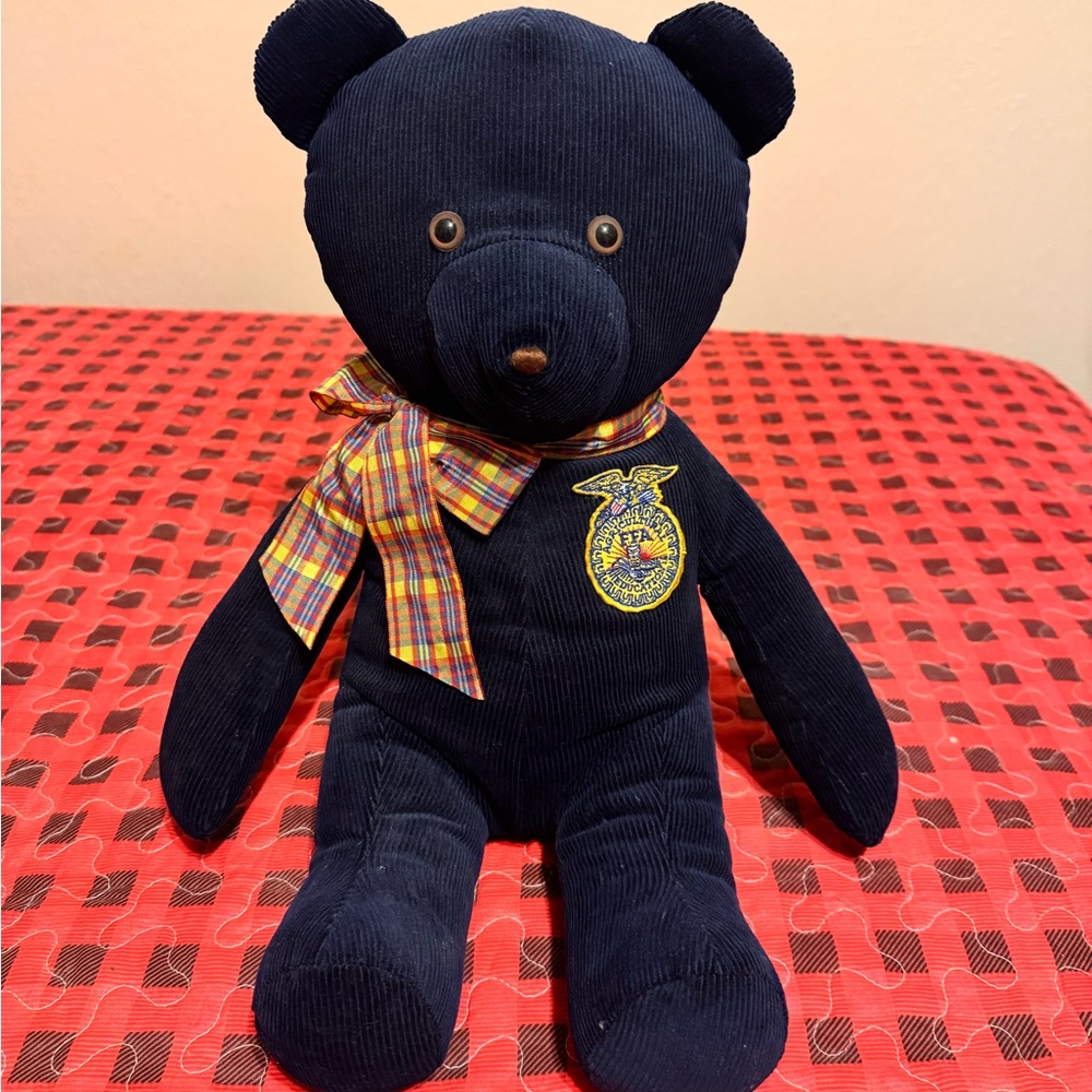 Navy Blue Teddy Bear with Plaid Bow